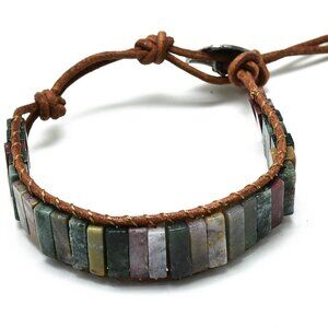 NWOT  natural Indian Agate wrapped on leather cord handmade bracelet gemstones